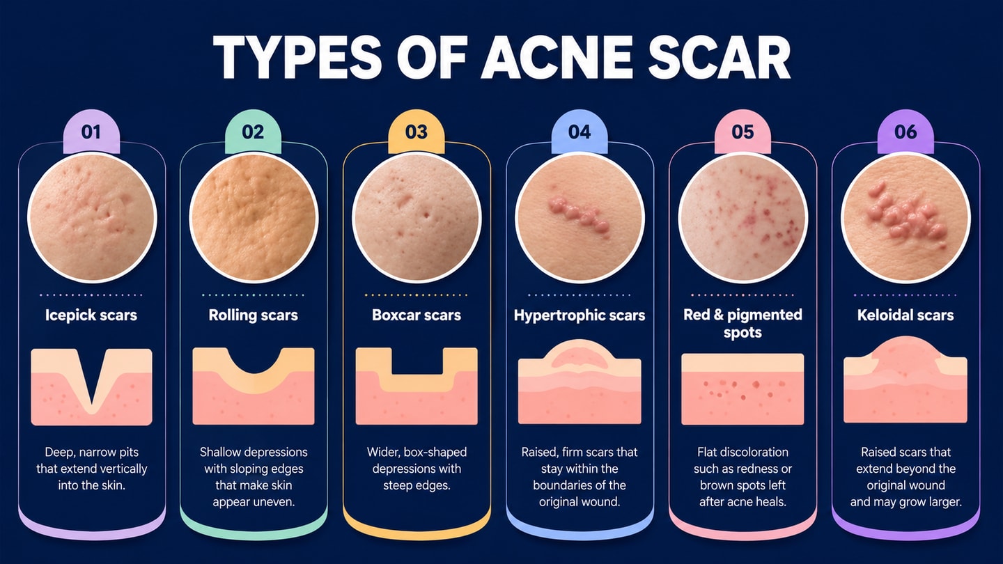 Diagram of acne scar types showing icepick, rolling, boxcar, hypertrophic, red and pigmented spots, and keloidal scars with cross-section profiles