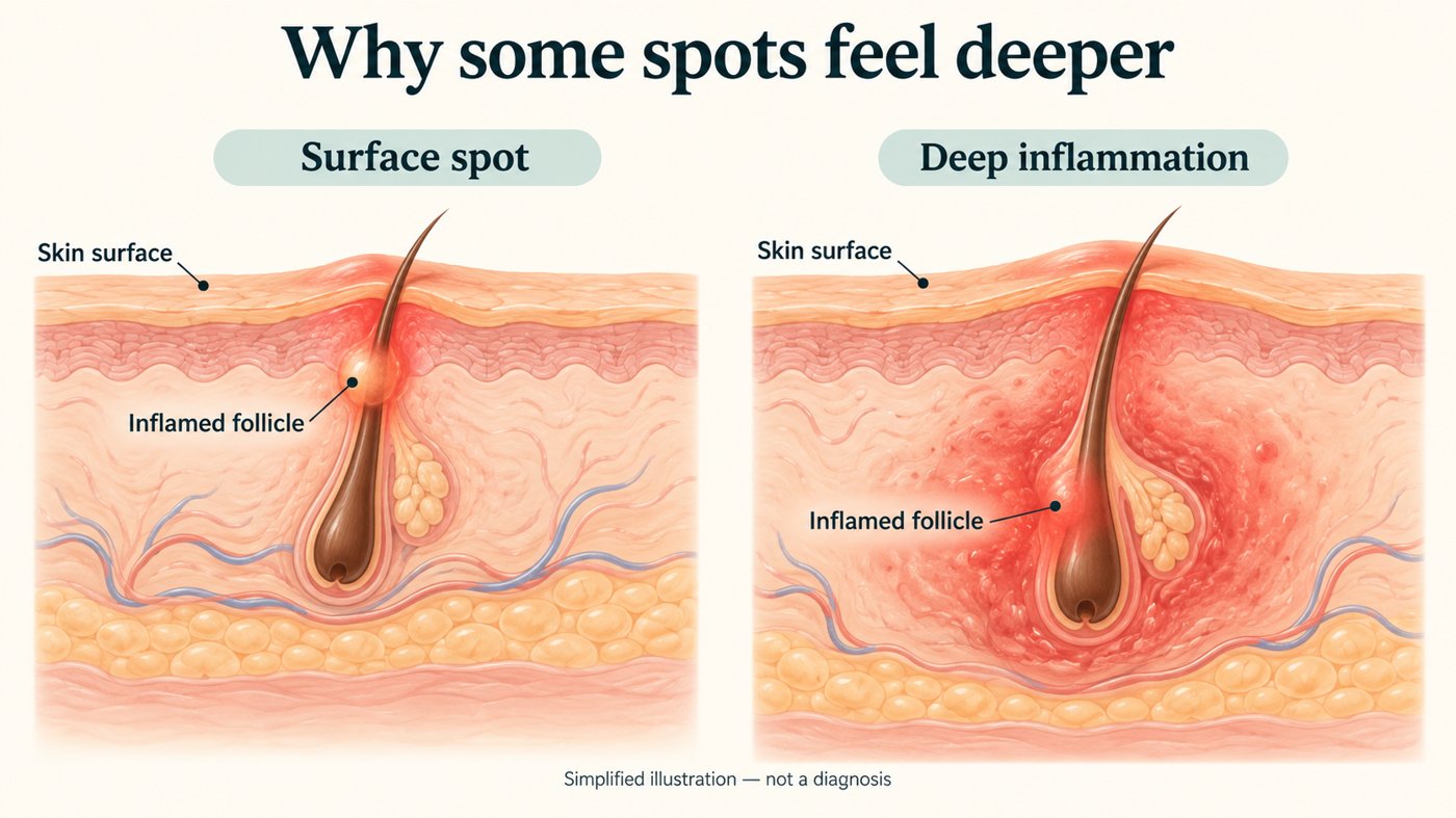 Illustration comparing a surface spot with deep inflammation around a hair follicle. Simplified illustration, not a diagnosis.