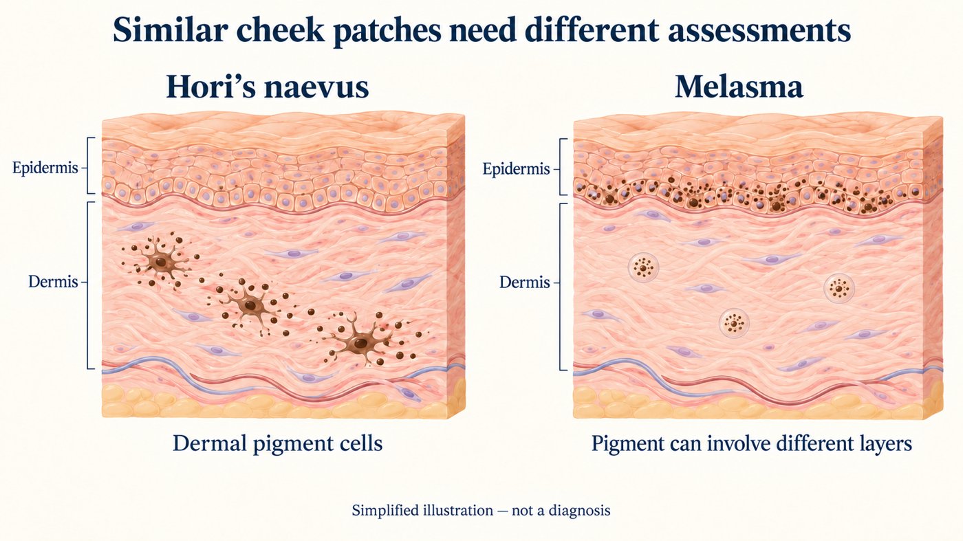 Illustration comparing Hori's naevus, with pigment cells in the dermis, and melasma, where pigment can involve different layers. Simplified illustration, not a diagnosis.