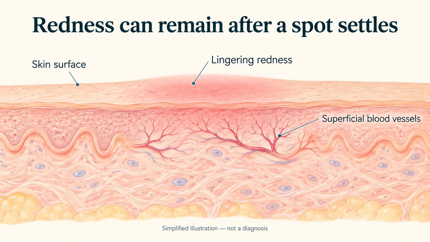 Illustration showing lingering redness and superficial blood vessels in the skin after an acne spot settles. Simplified illustration, not a diagnosis.