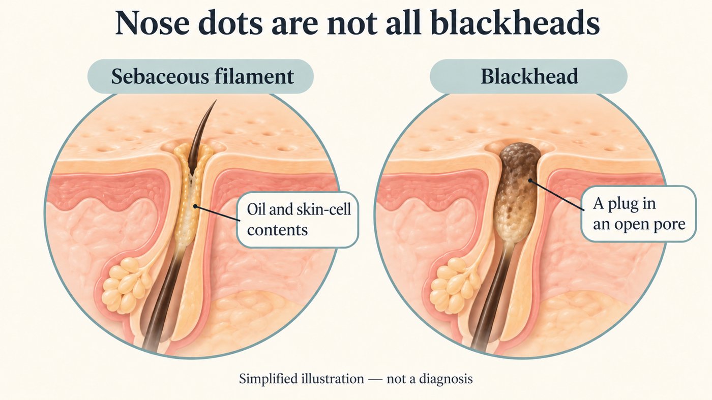 Illustration comparing a sebaceous filament, filled with oil and skin-cell contents, and a blackhead, a plug in an open pore. Simplified illustration, not a diagnosis.
