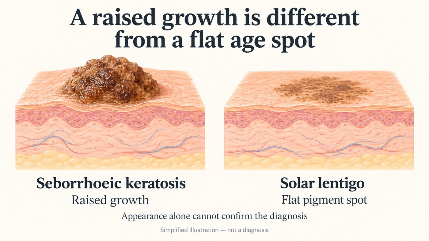 Illustration comparing a seborrhoeic keratosis, a raised growth, with a solar lentigo, a flat pigment spot. Appearance alone cannot confirm the diagnosis.
