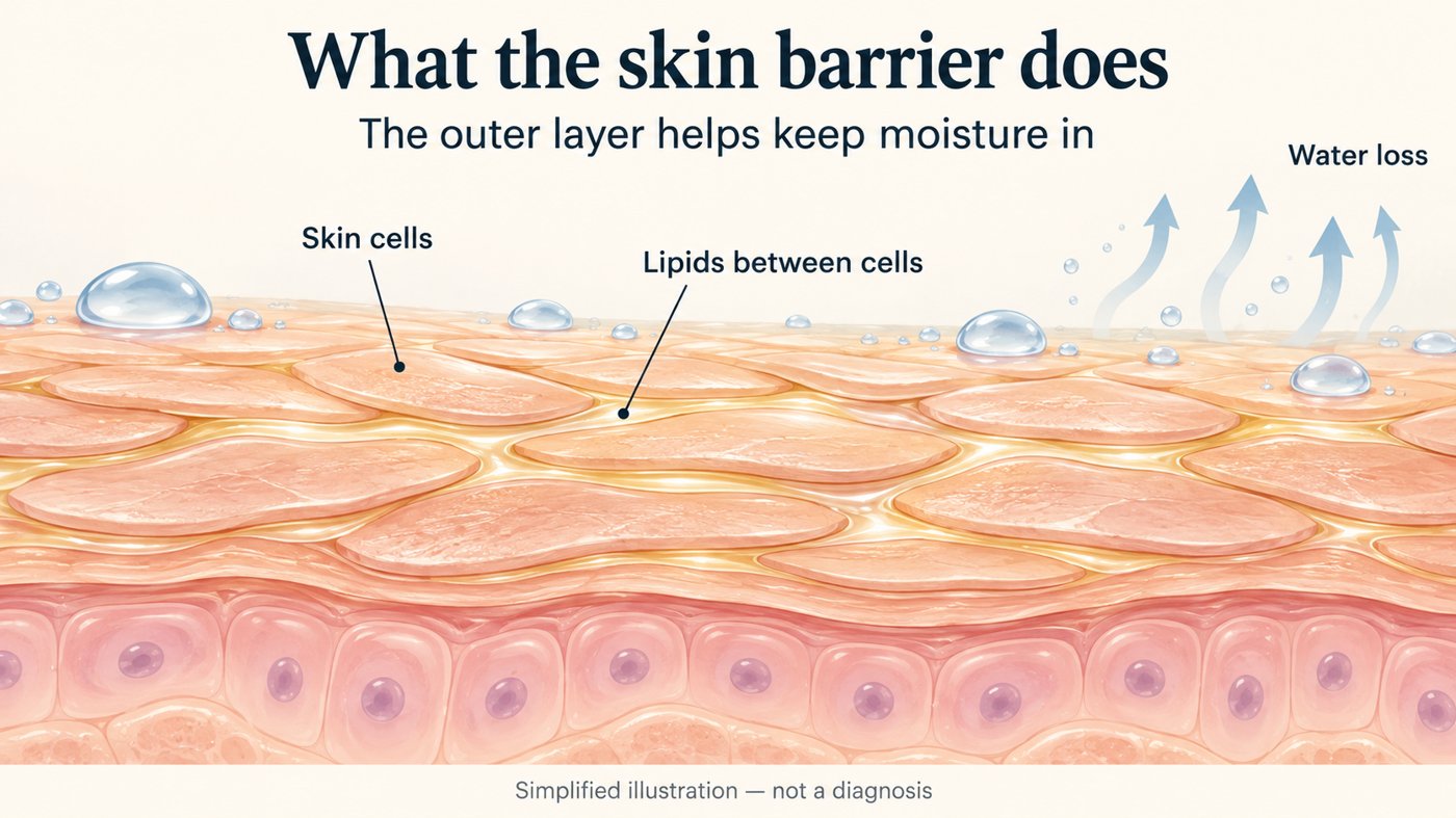 Illustration of the skin barrier: skin cells with lipids between them helping keep moisture in, and water loss from the surface. Simplified illustration, not a diagnosis.