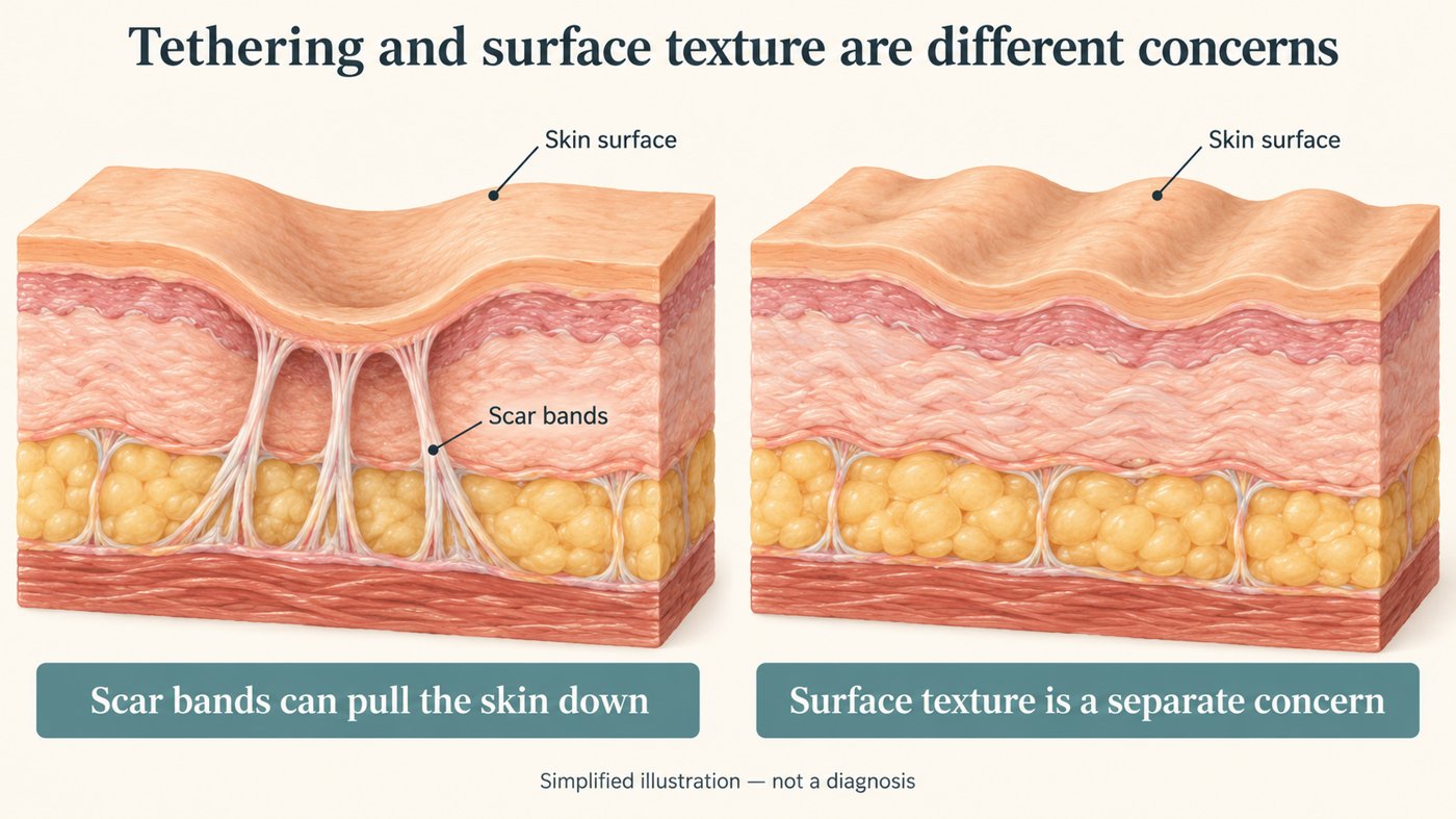 Illustration comparing scar bands pulling the skin down with surface texture, which is a separate concern. Simplified illustration, not a diagnosis.